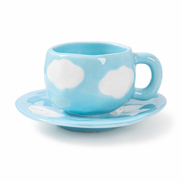 Aesthetic Ceramic Coffee Cup & Saucer Set — Hand-Painted Cloud Pattern, Glossy Glaze Desk Coffee Mug | Alt Desk