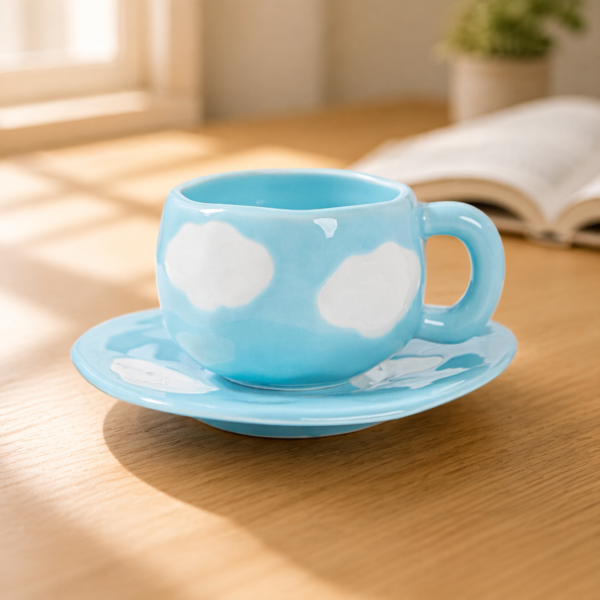 Aesthetic Ceramic Coffee Cup & Saucer Set — Hand-Painted Cloud Pattern, Glossy Glaze Desk Coffee Mug | Alt Desk