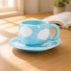 Aesthetic Ceramic Coffee Cup & Saucer Set — Hand-Painted Cloud Pattern, Glossy Glaze Desk Coffee Mug | Alt Desk