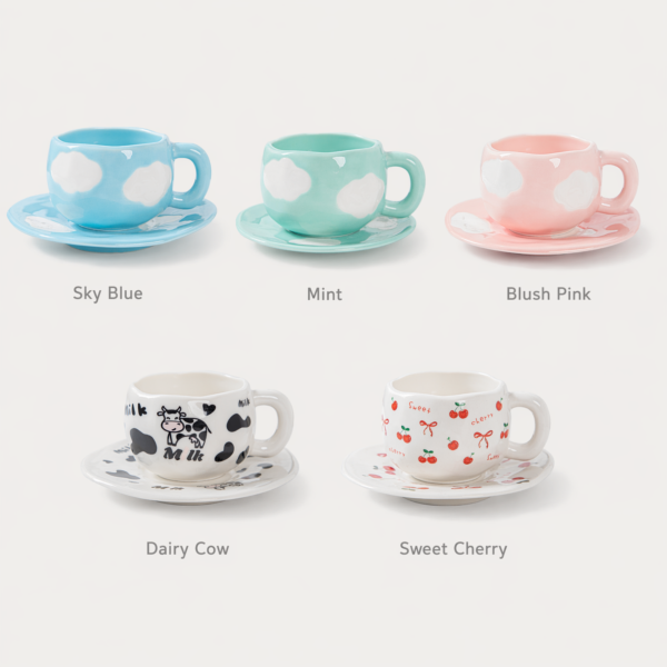 Aesthetic Ceramic Coffee Cup & Saucer Set — Hand-Painted Cloud Pattern, Glossy Glaze Desk Coffee Mug | Alt Desk