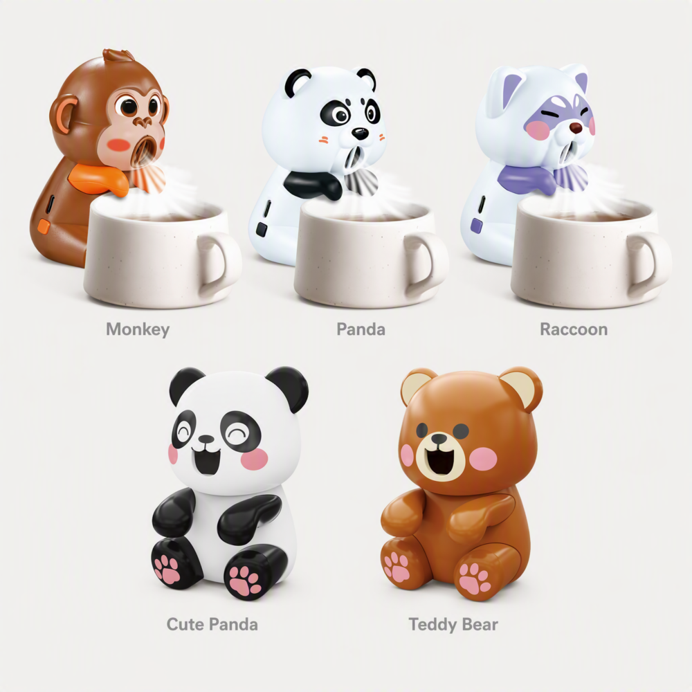 5款展示图 Adorable Animal Cup Clip Fan – Silent Mini Fan for Office Desk, Hot Beverage Cooler, Cute Portable USB Fan