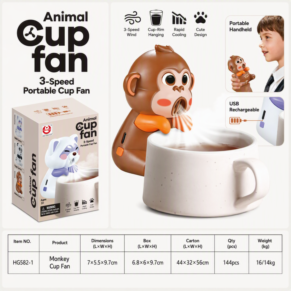 包装特点图 Adorable Animal Cup Clip Fan – Silent Mini Fan for Office Desk, Hot Beverage Cooler, Cute Portable USB Fan